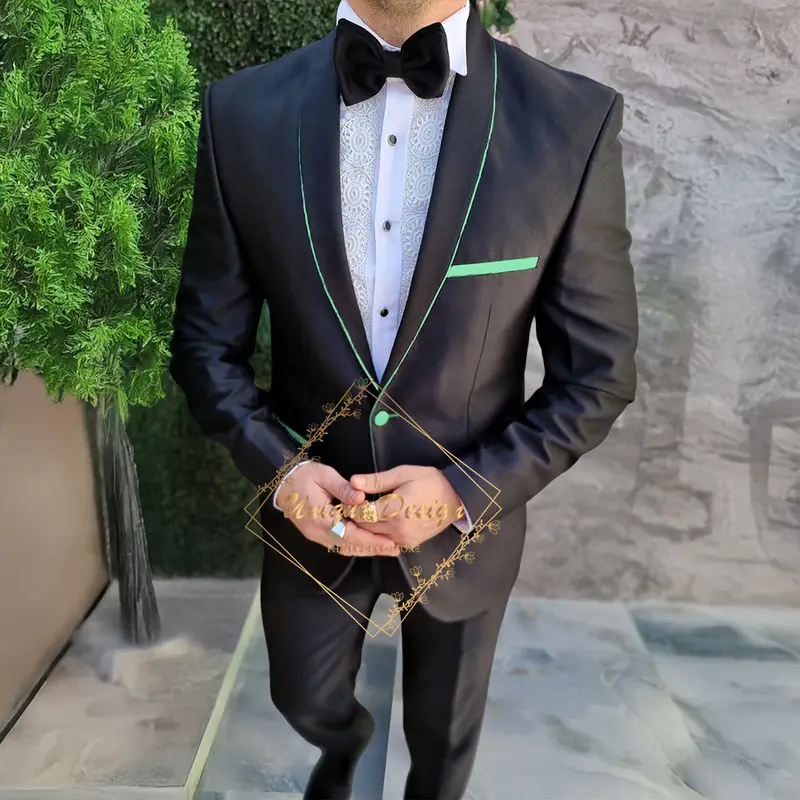 Premium Men's Formal Suit 2-piece White Satin binding Black Blazer Pants Tailored Fit for Wedding Dating Prom Ceremony Party - Image 11