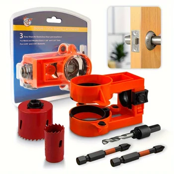 Wood Door Lock Installation Kit With Guide Template, 2-1/8" - 1" Door Lock Hole Saw With 2 Pc Hexagon Screwdriver Bit, Carbon 1