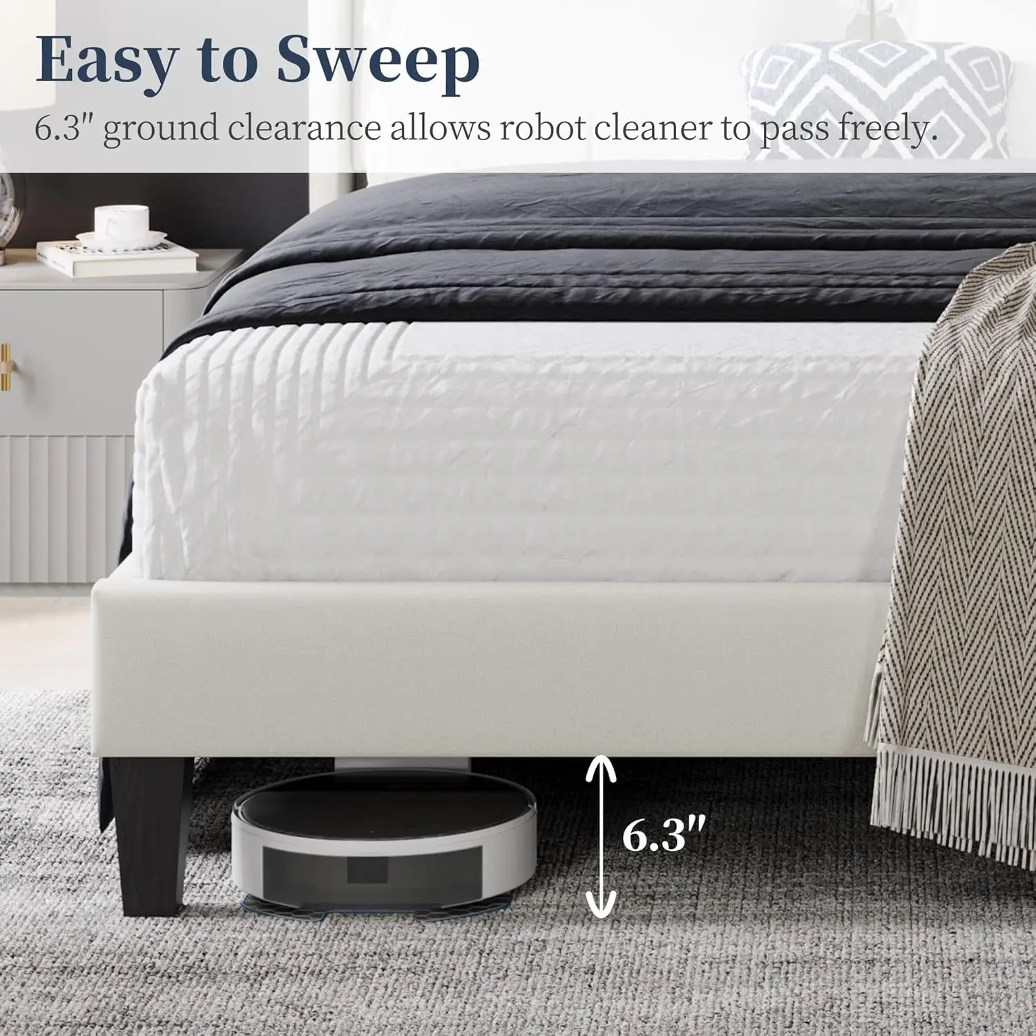King Bed Frame Upholstered Platform Bed with Fabric Headboard, Wing Edge Design/Non-Slip and Noise-Free/Wooden Slats Support/No