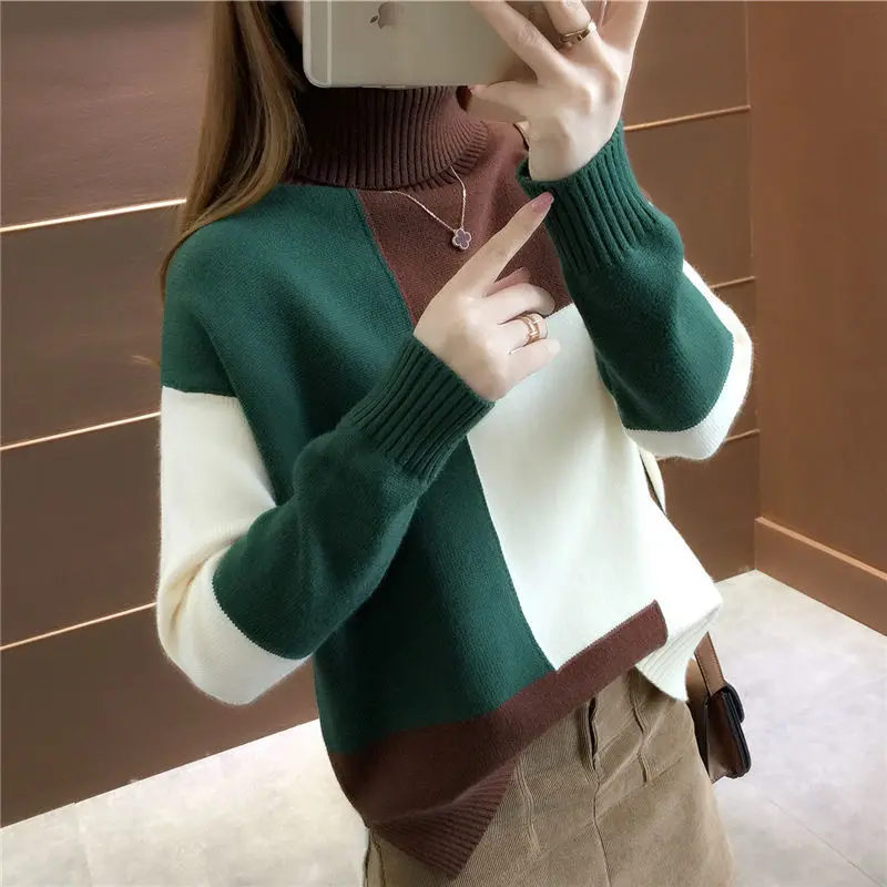 

Autumn Winter Women's New Casual Contrast Color Turtleneck Pullovers Sweaters Elegant Loose Versatile Long Sleeve Knitted Tops
