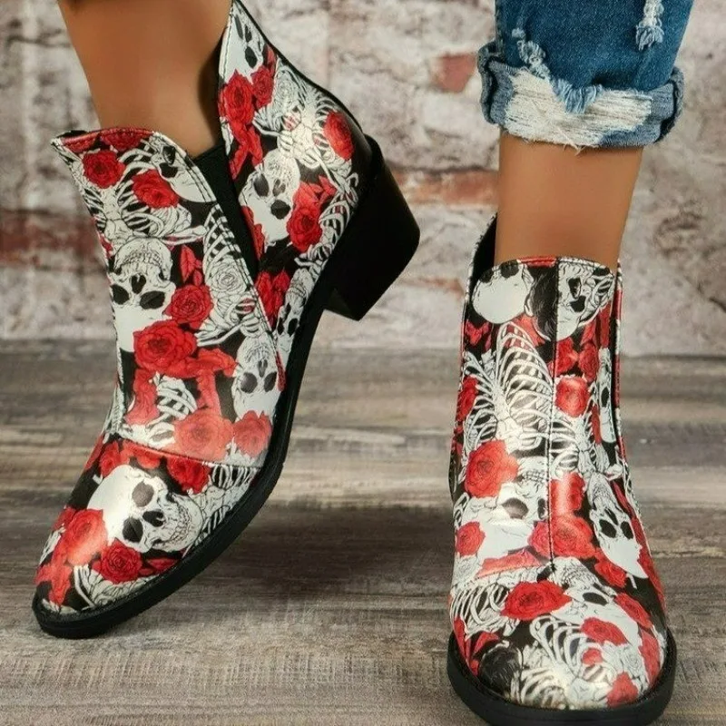 

Western Print Ankle Boots 2023 Autumn Winter Women's Boots New Pointed Low Heels British Retro Female Shoes Slip-on Elastic Shoe