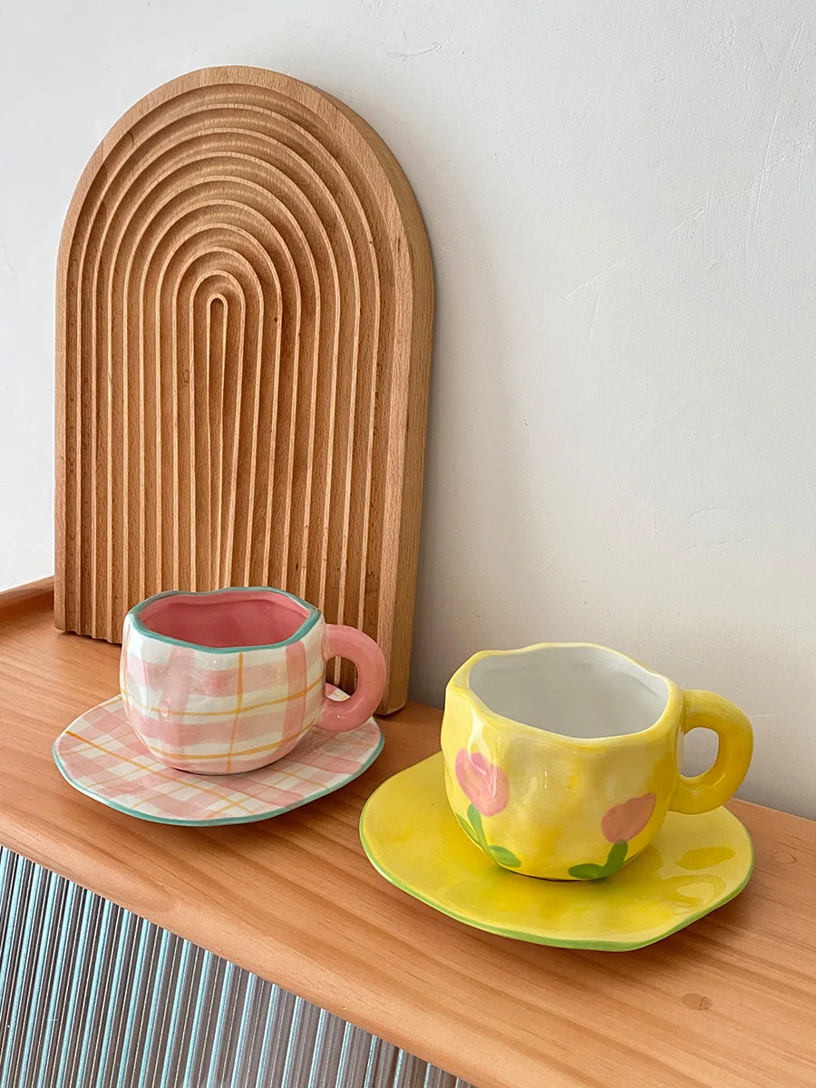 

Japan Style Ceramic Coffee Cups With Saucer Ins Popular Small Floral Printed Cartoon 250ml Handmade Drinkware