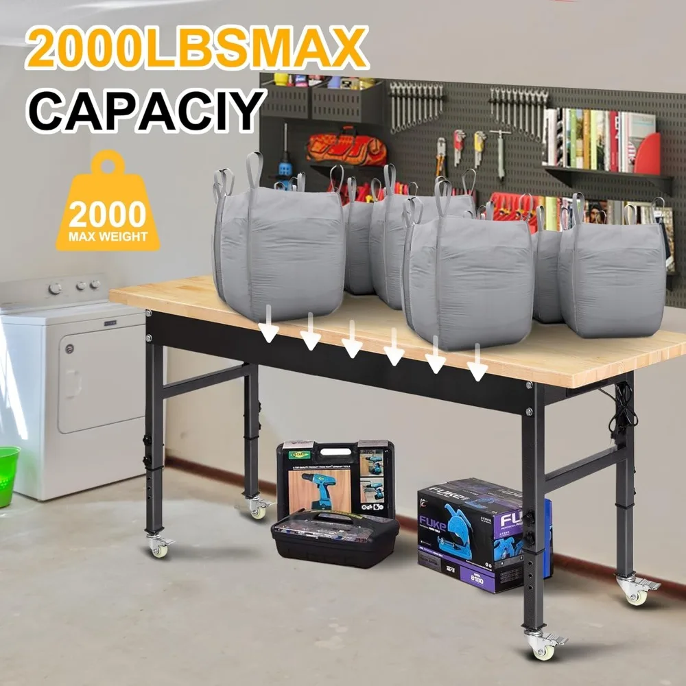 60" Adjustable Work Bench, Rubber Wood Top Workbench Heavy-Duty Work Table with Power Outlet with Wheels, 2000 LBS Load Capacity 5