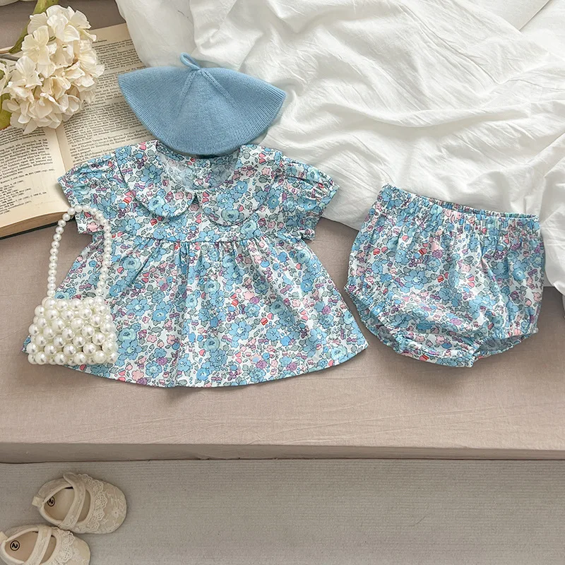 Ins-Conjunto de ropa de 2 piezas para niñas, camisetas de algodón con cuello Peter Pan y estampado Floral, pantalones cortos, traje infantil, verano 2024