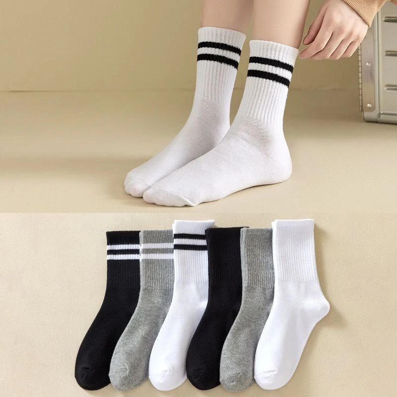 Stripe Solid Cotton Socks Woman Men Unisex Autumn Winter Simple Soft Breathable Black White Sport Middle Tube Sock calcetines