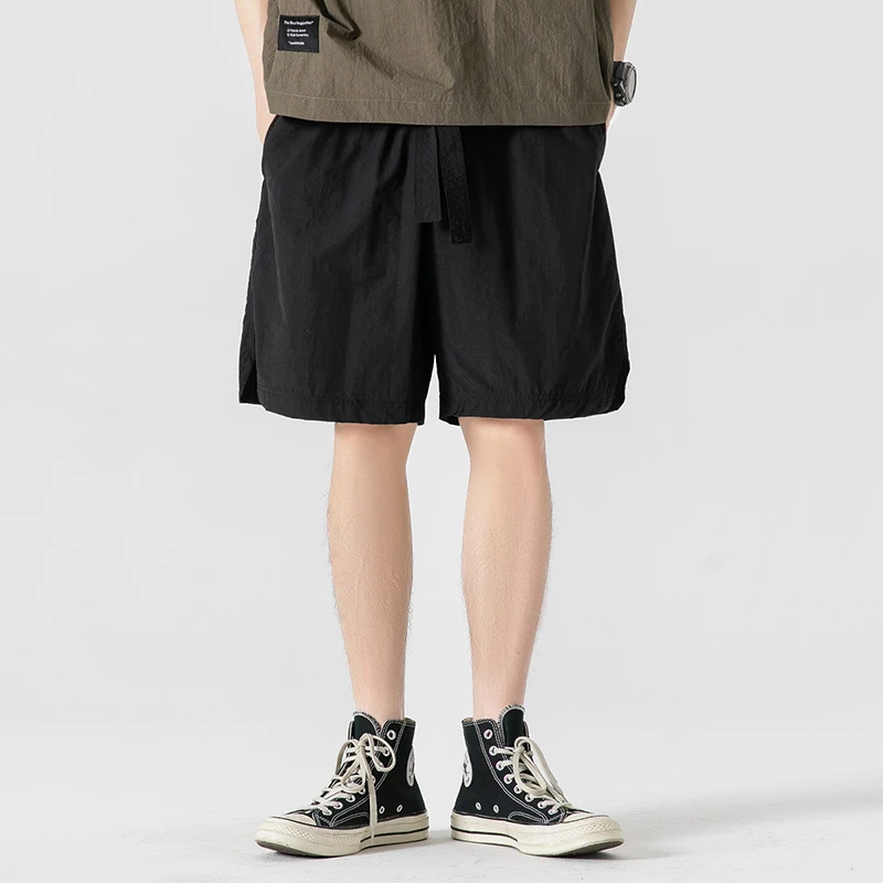 Summer Thin Fashion Trend Casual Shorts Men's Solid Elastic Waist Drawstring Patchwork Pockets Korean Versatile Straight Shorts