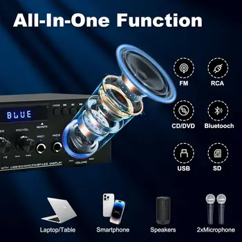 5.0 Mini Bluetooth Stereo Amplifier, 300W HiFi Power Amp with Remote, USB, RCA, FM Radio for Home Audio 3