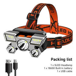 USB Rechargeable Portable 5-LED Headlamp with Built-in Battery (XY501 orange)