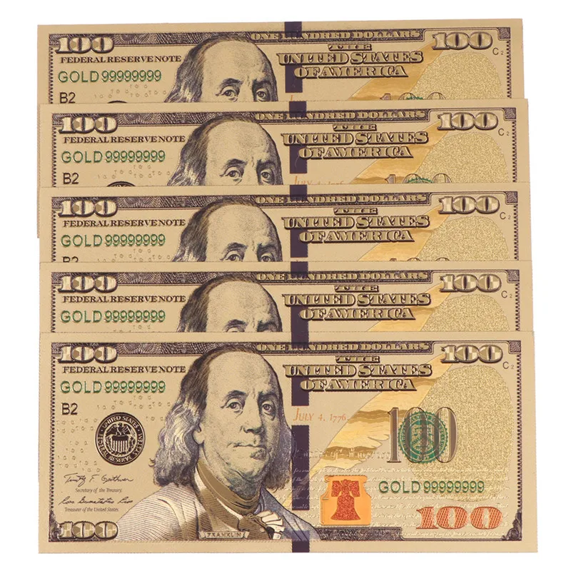 US$100 dollar 24k Gold Foil Golden USD Paper Money Banknotes Crafts 5pcs