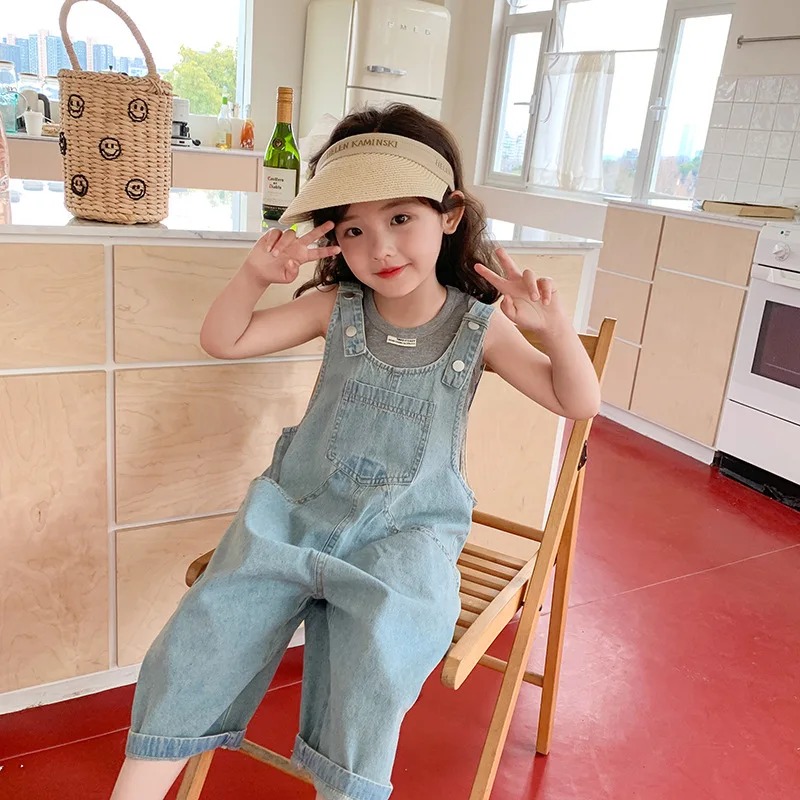 Kids summer solid color casual jumpsuit Girls loose casual denim