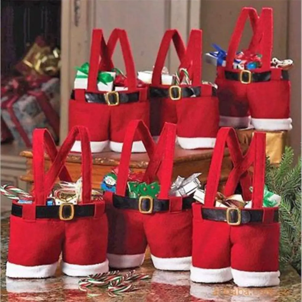 Christmas Claus Suspender Pants Handbag Candy Chocolate Bag Large Santa Pants Trousers Gift Bags Package Christmas Decoration 50pcs santa claus christmas tree elk pvc bags transparent clear gift bag for christmas gift baking candy cookie packaging bags