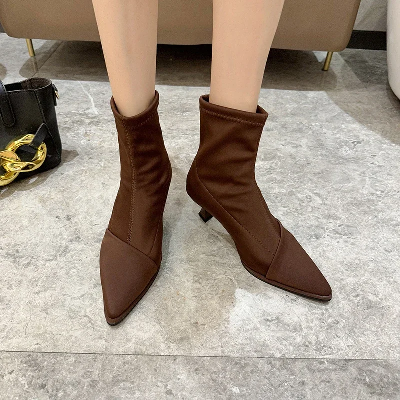 Women‘s Designer Thin Heel Stretch Sock Boots 2023 Autumn Wniter Elegant High Heels Satin Pointed Toe Short Boots Women Shoes