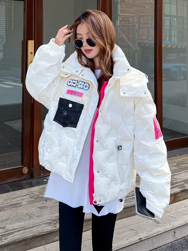 

Fashion Bright Black Down Jacket Thick Women Short 2024 New Letter White Duck Down Coat Winter Warm Outerwear Feather Parkas