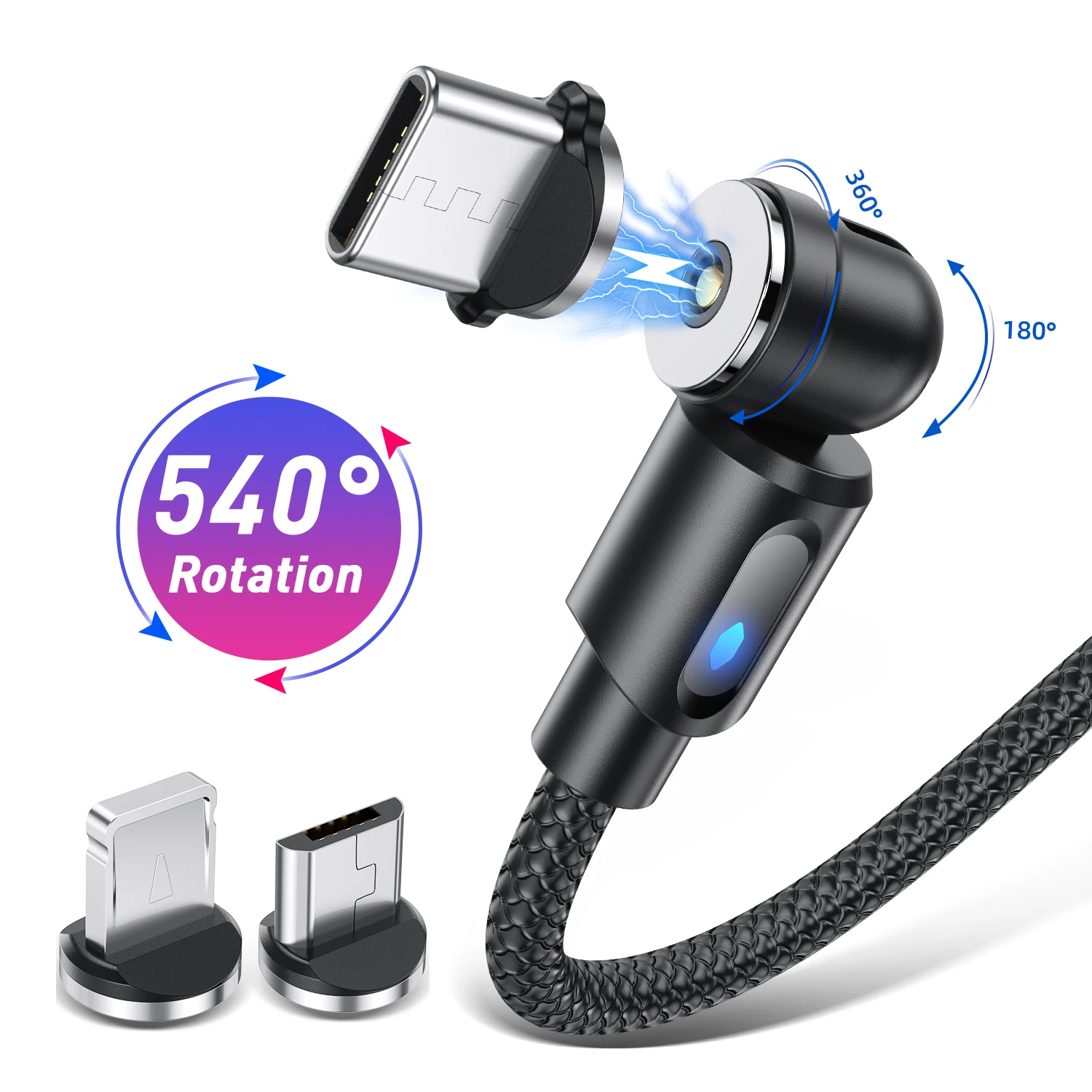 Magnetic Cable Type C Micro USB 540 Degree Rotating Data LED Phone Charger for iPhone Xiaomi Huawei Samsung