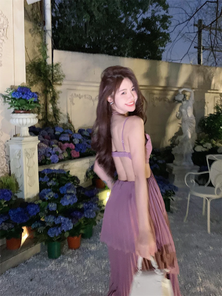 Summer New Fashion Sexy Pleated Holiday Beach Long Dresses for Women Vacation Spaghetti Strap A line Ladies Robe 2025 Sundress