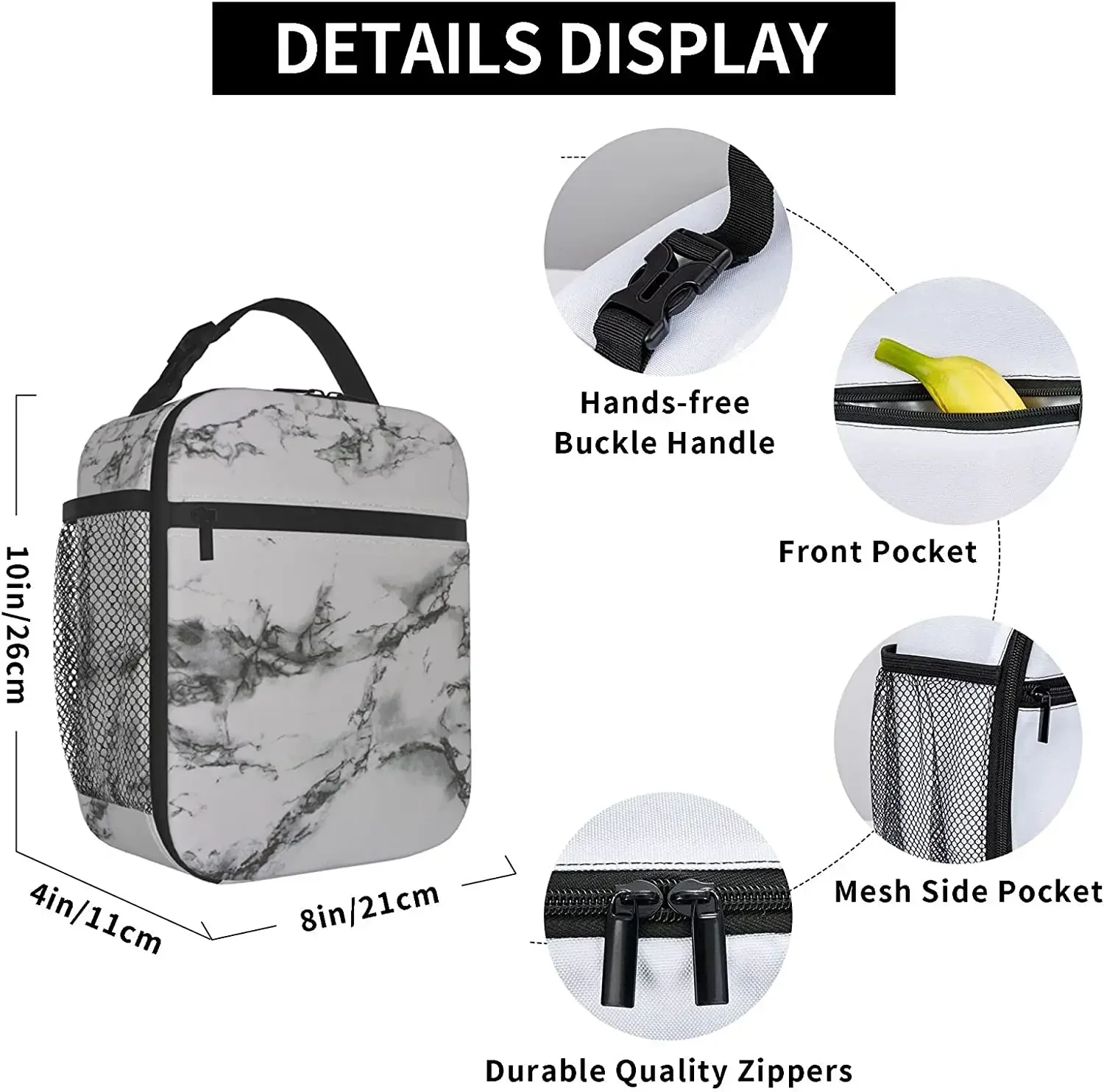 Lunch Box Insulated Lunch Bag for Women Men White Marble Black Texture Reusable Cooler Tote Bags for Work Picnic Outdoor