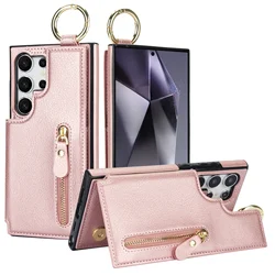 Leather Wallet with Zipper Card Slot and Ring Holder Case - SM Note20Ultra (Rose Gold)