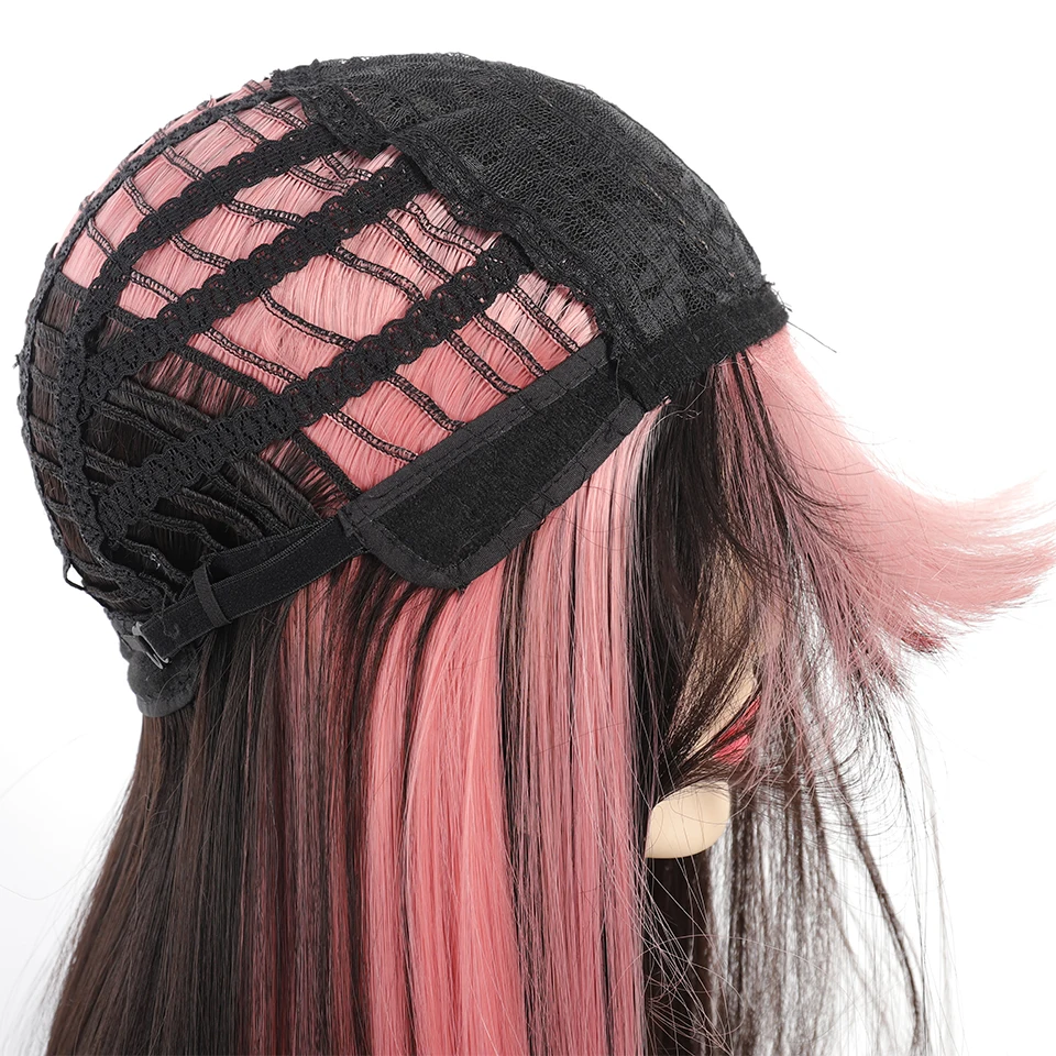 Black And Pink Long Straight Hair With Bangs Synthetic Cosplay Lolita Sweet And Cute Girl Daily Wig Halloween Christmas gift﻿