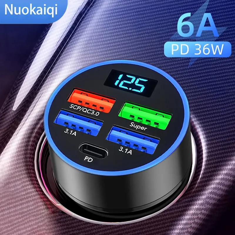 Car Charger PD100W Car Charger QC3.0 Fast Charge One to Four Car Cigarette Lighter Plug 5 Port Charger Flash Charge