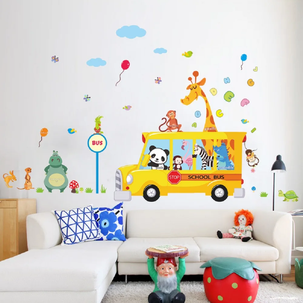 

Cartoon Animals School Bus Wall Stickers For Kids Rooms Panda Monkey Giraffee Turtle Nursery Room Decor Art Wall Decal Poster