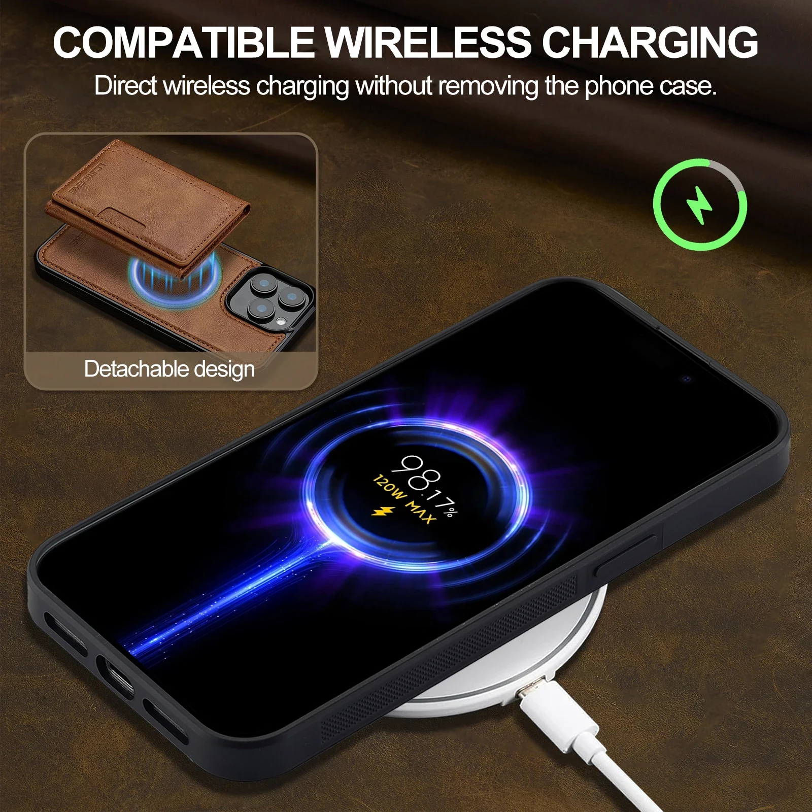 2-in-1 Detachable Magnetic Card Slot Leather Wallet Case with Wireless Charging Compatibility