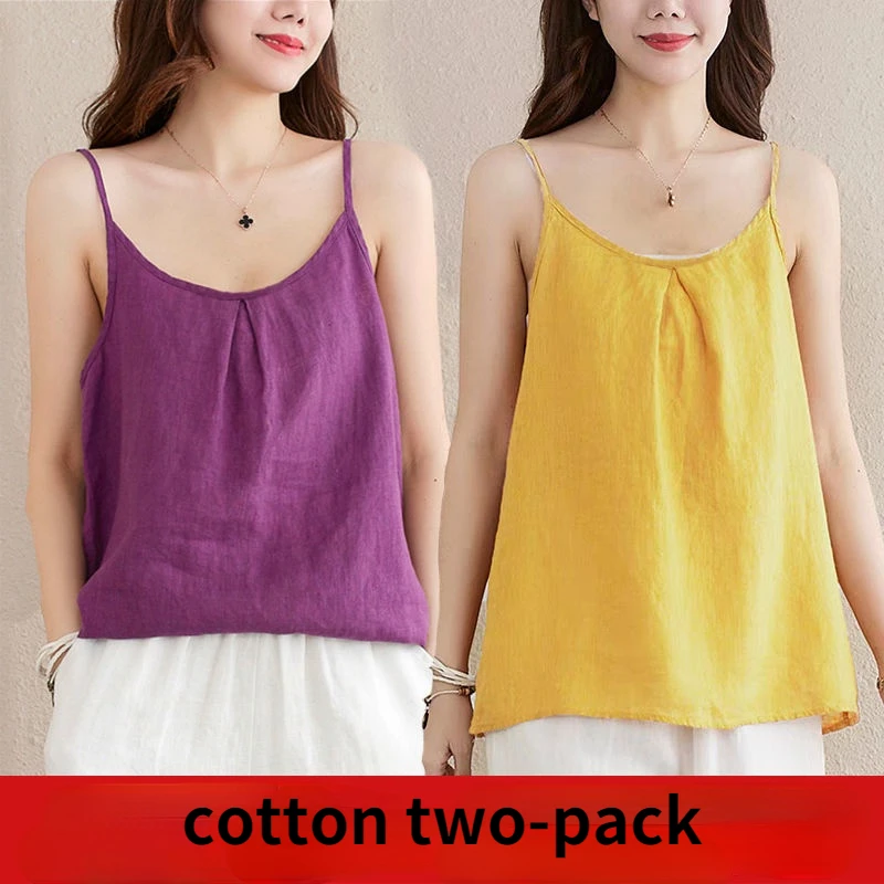 corset t shirt Cotton Women Top Retro Casual All-match Cotton Linen Camisole New Stylish Elegant Tank Top Women's Clothing Summer 2022 Two-pack half bra Tanks & Camis
