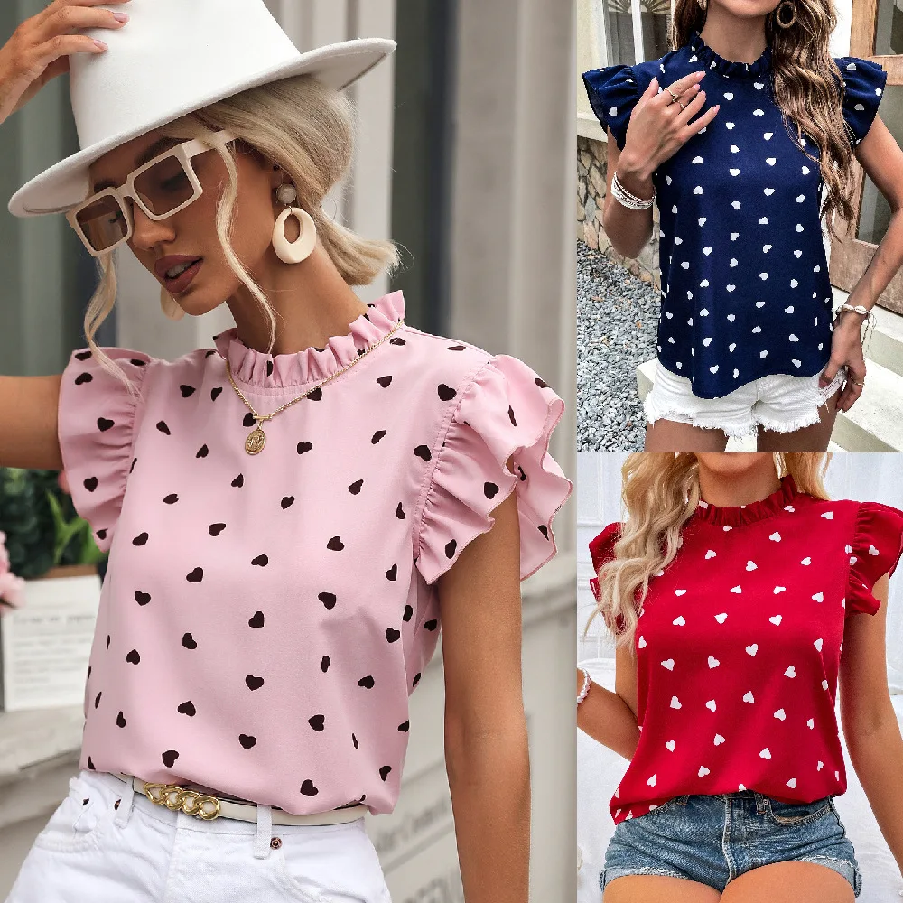 Fashion Ruffl Pink Shirt Blouse Women Summer Sleeveless O Neck Polka Dot Print Women's Tops Elegant Office Ladies Shirts Top