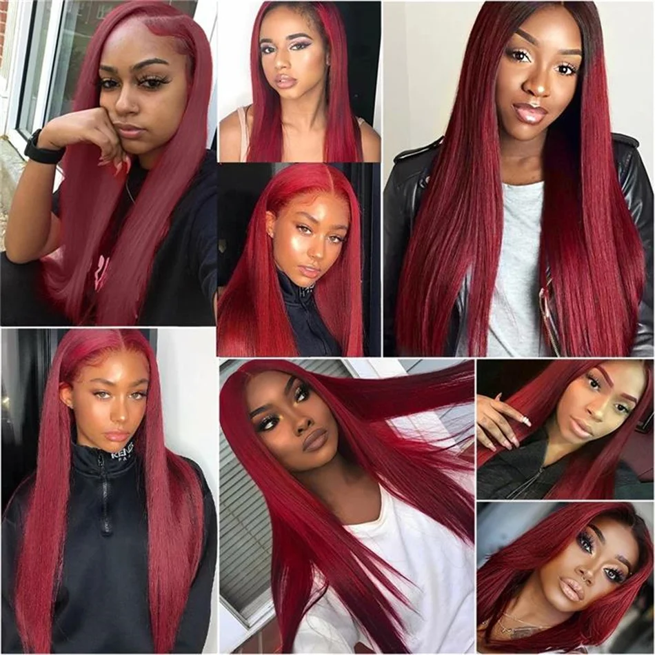 Burgundy Transparent Lace Frontal Human Hair Wig Pre Plucked Red 99J Straight Colored 13x4 Lace Front Human Hair Wigs For Women 5