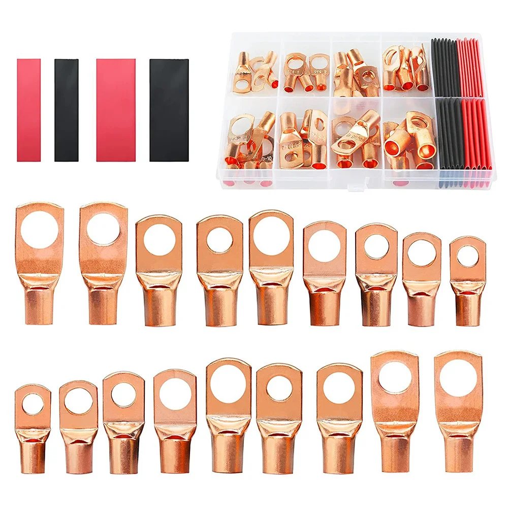 Copper Terminal Connectors AWG 4 6 8 10 12 Ring Lug Kit Shrink Tubing 50 Battery Cable Lugs 50 Shrink Tubing 100pcs