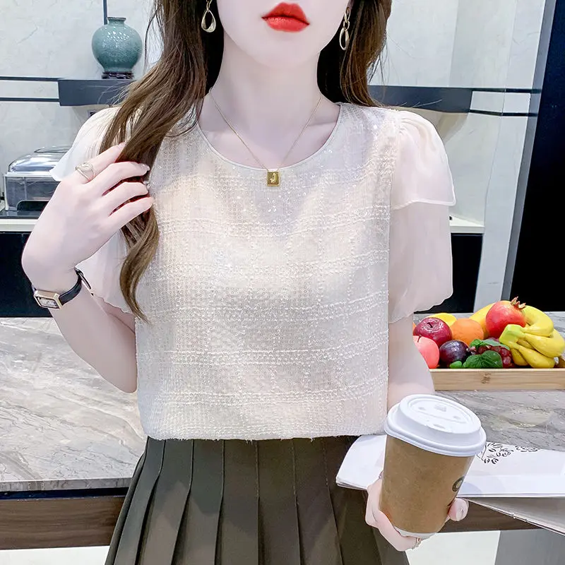 Elegant O-Neck Spliced Sequined Gauze Puff Sleeve Blouses Women's Clothing 2024 Summer New Loose Casual Tops Office Lady Shirts