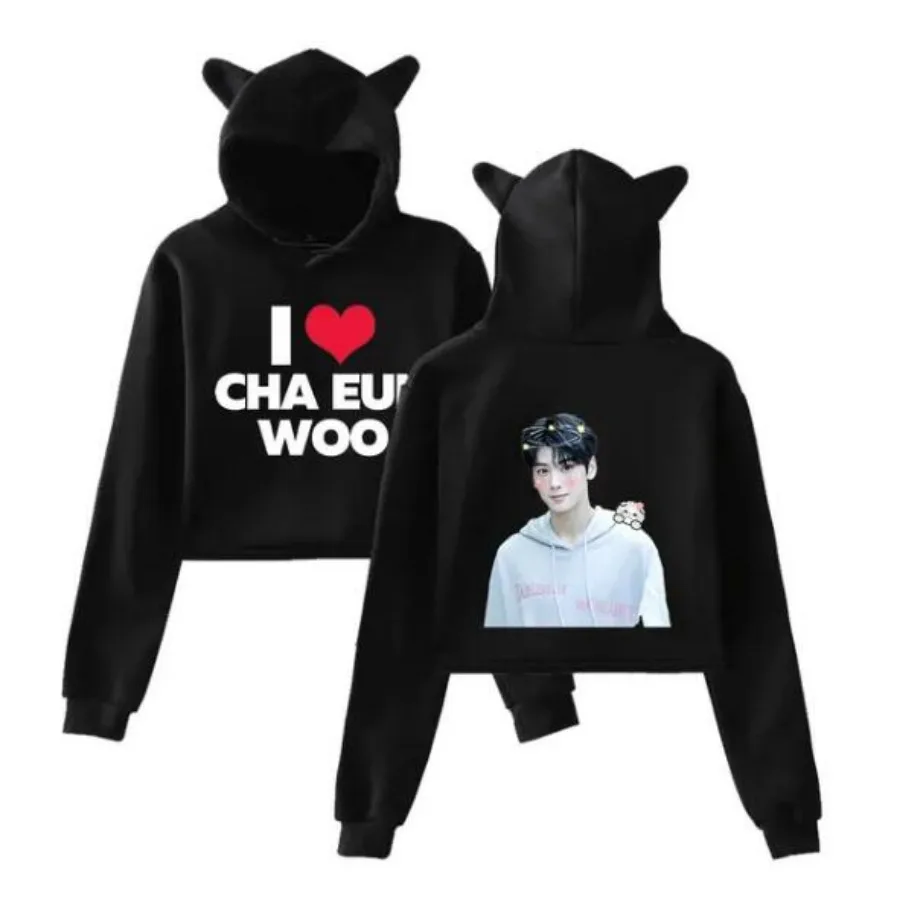 

Корейский укороченный топ Cha Eun Woo Merch, толстовка, Женский Укороченный свитшот с длинным рукавом и капюшоном в стиле Харадзюку, повседневный спортивный костюм, одежда KPOP