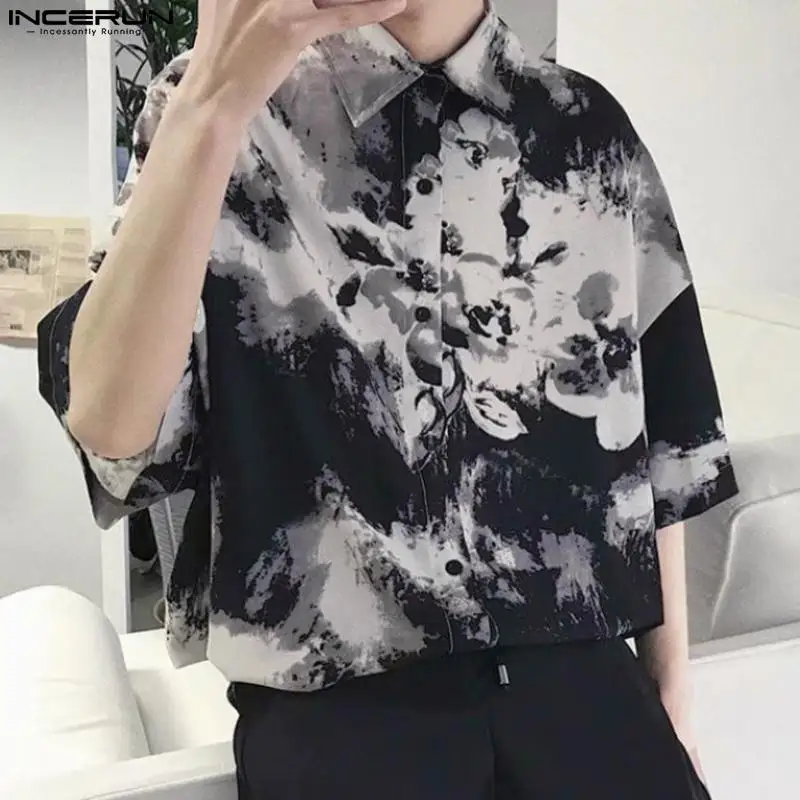 

Fashion Casual Style Mens Tops INCERUN Loose Ink Painting Printed Blouse Handsome Male All-match Short Sleeved Shirts S-5XL 2023