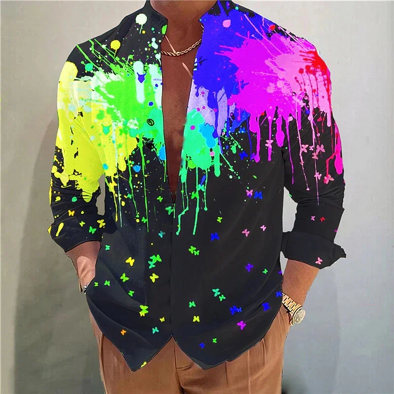 Men's Shirt Graffiti Color Ink Irregular Top T-shirt Stand Collar Button Casual Comfortable Soft Sports Fashion 2023 Popular