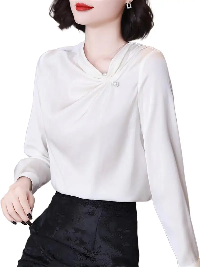 

Long Sleeves Vintage Brooch Chic Tops Blusa Femme Office Lady All-match Shirt French Elegant Women Solid Satin Robes Blouses