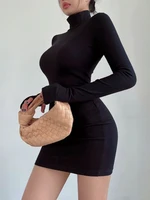 Col roulé manches longues robes noir Sexy plissé moulante Mini robe 2025 automne hiver femmes Streetwear fête Club Y2K vêtements 2