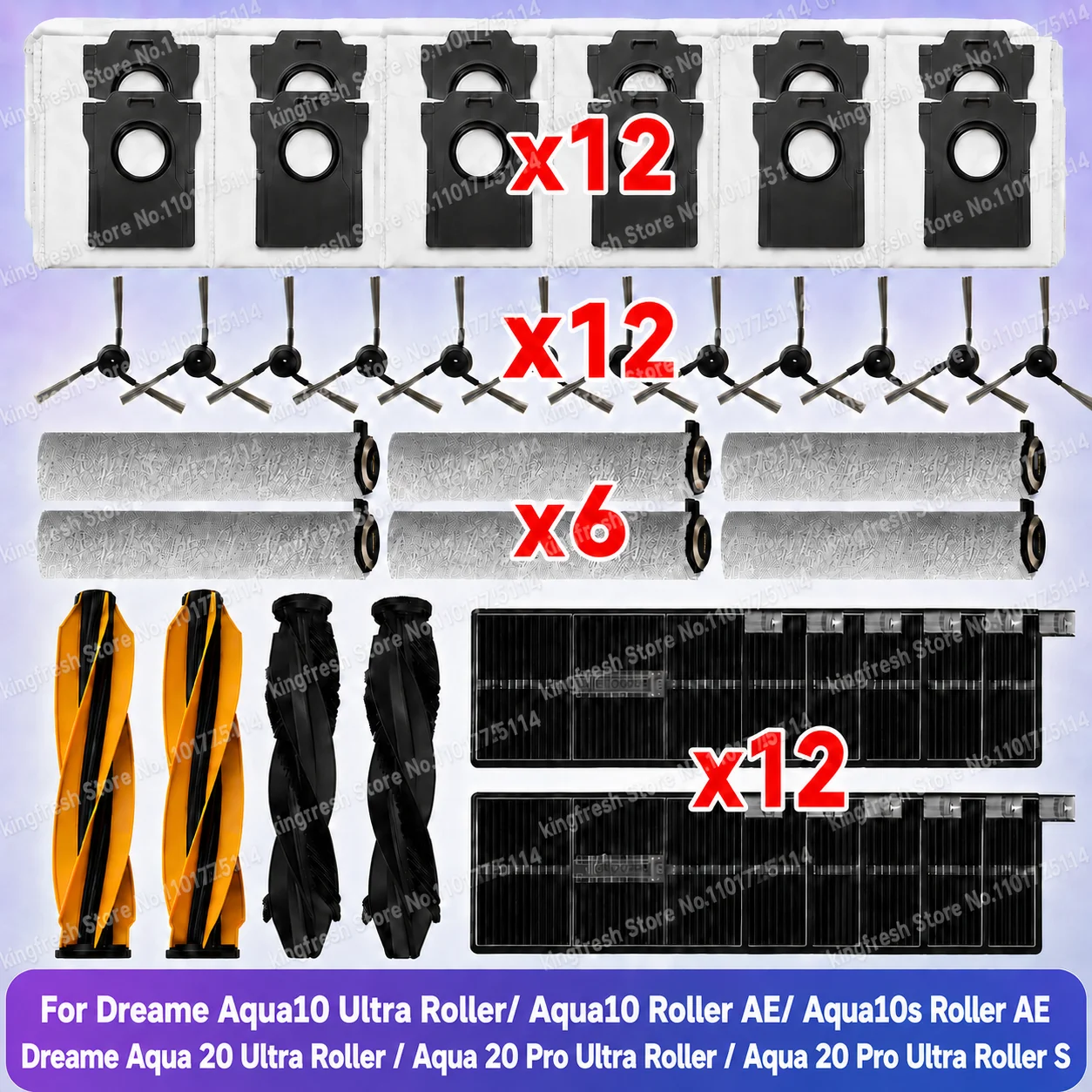 متوافق مع أجزاء مكنسة Dreame Aqua 10 Ultra Roller / Dreame Aqua10 Roller AE / Aqua10s Roller AE, Dreame Aqua 20 Ultra Roller/ Aqua20 Pro Ultra Roller الأسطوانة الرئيسية فرشاة جانبية كيس فلتر أسطوانة قماش ممسحة ملحقات