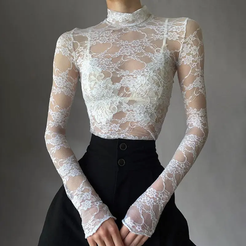 

Elegant Chic White Lace T-shirt Woman Vintage y2k Turtleneck Full Sleeve Transparent Crop Top Slim Fit Shirt Ladie