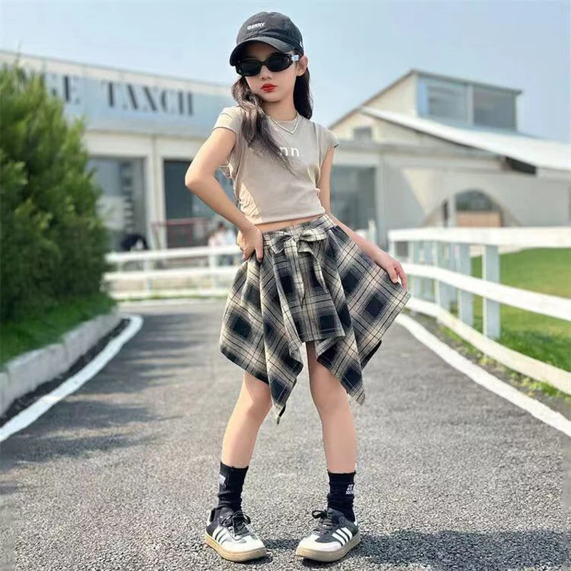 Summer Girls Clothing Set Solid Color Sleeveless T-shirt+Plaid Irregular Skirt 2Pcs Suit For 5-14 Years Teen Kids Fashion Outfit 3