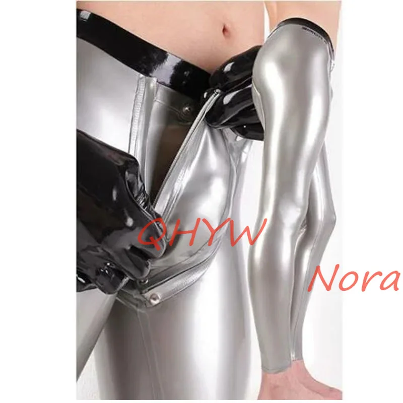 

Сексуальные Серебристые латексные мужские брюки повседневные с передней молнией резиновые брюки джинсы на заказ