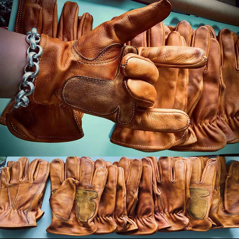 Retro Cowhide Genuine Real Leather Motorcycle Gloves - Image 3