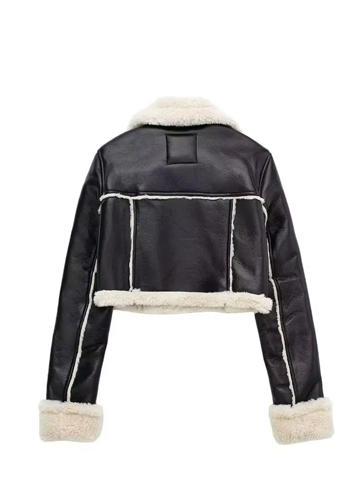 HH Autumn Fashion Women Faux Leather Jackets Vintage Spliced Lapel Long Sleeve Coat Winter Warm Casual Woman Outerwear