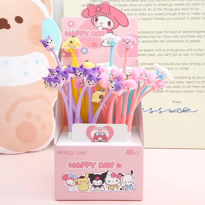 48Pcs/Box Sanrio 0.5mm Shaker Pen Kuromi Melody Cinnamoroll Silicone Decompression Soft Adhesive Gel Pens Stationery Supplie