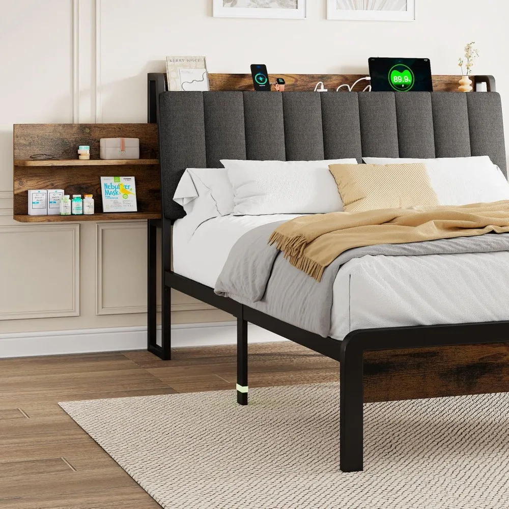 Upholstered Headboard with Hidden Storage Shelf, Platform Bed Frame with Charging Station and Ergonomic Upholstered Headboard