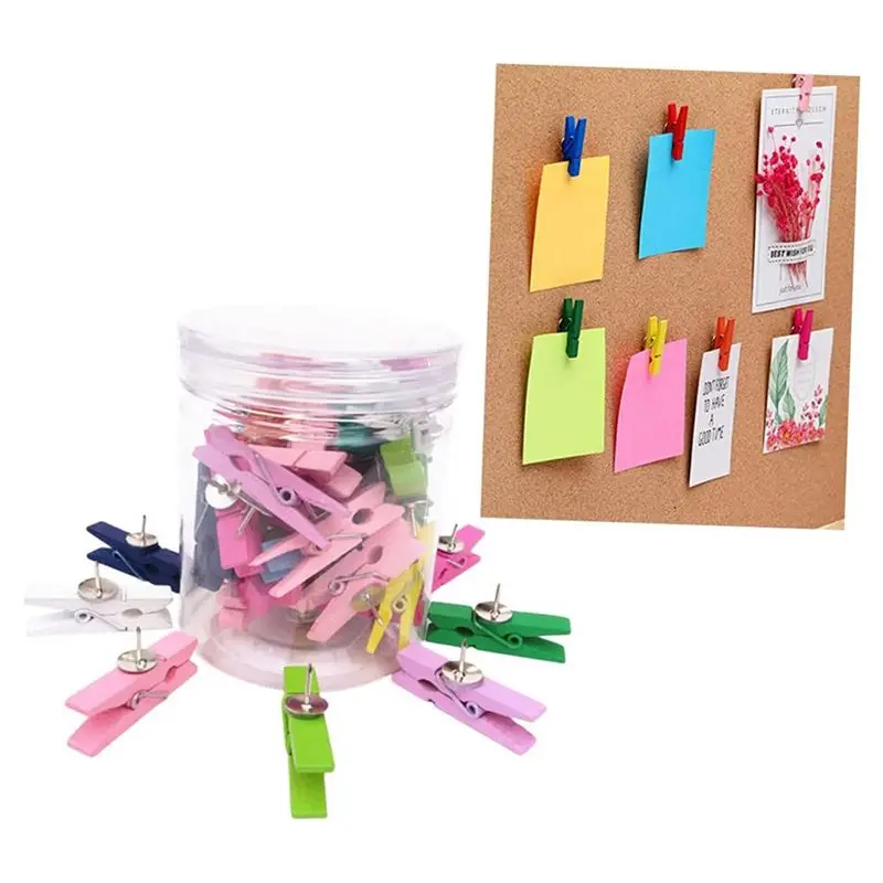 GW-50개 나무 푸시핀 및 압정 장 공예 종이 클립 (메모, 사진, 코르크보드용) 랜덤 색상