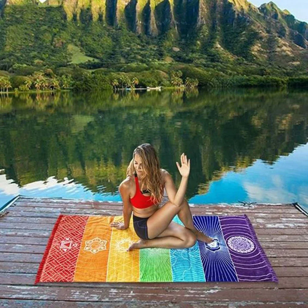 

Thin Bohemia Single Rainbow 7 Chakra Tapestry Towel Mandala Hippie Boho Stripes Yoga Mat for Beach Camping Fitness