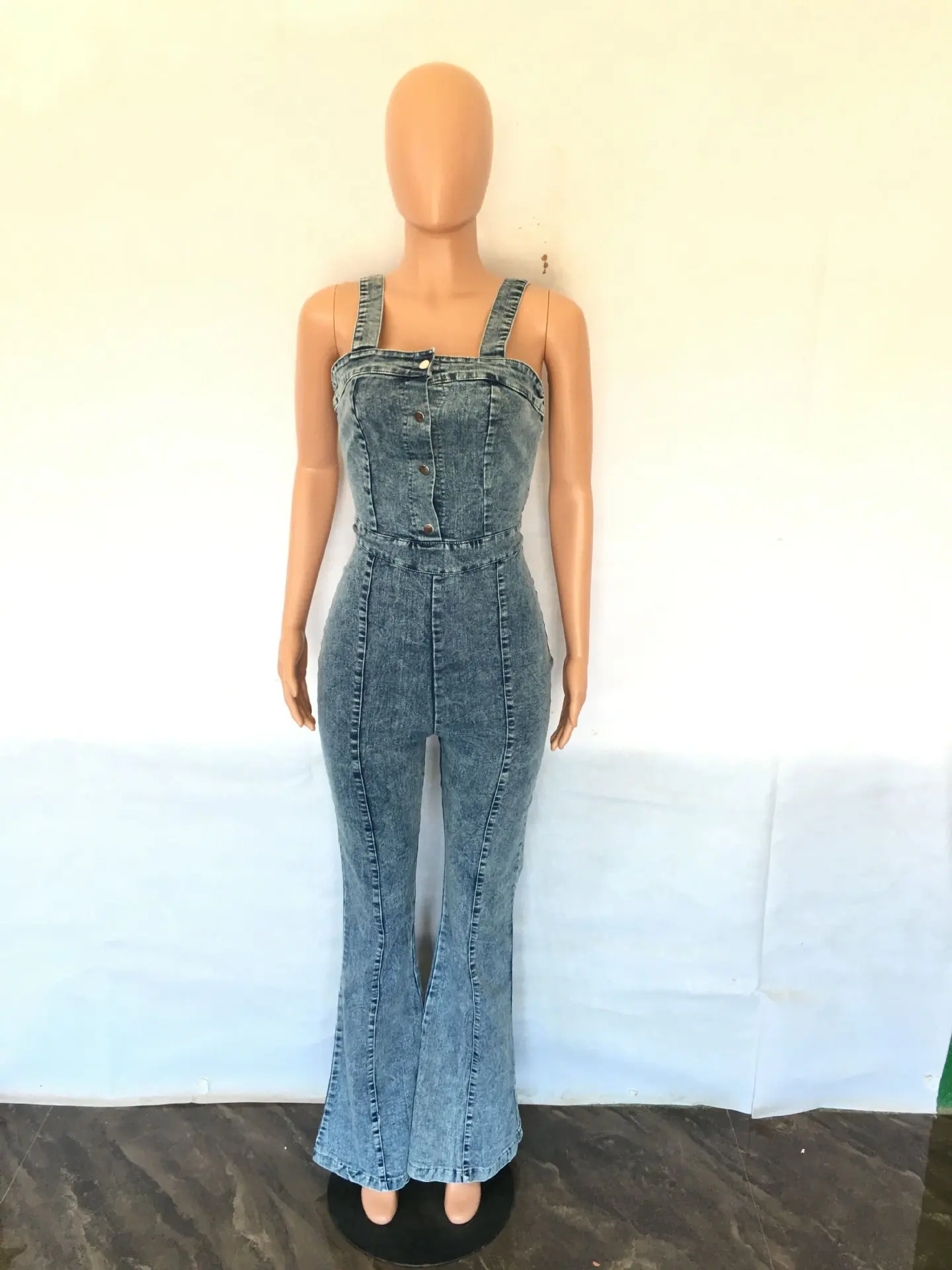 Washed Black Bodycon Flare Denim Jumpsuit