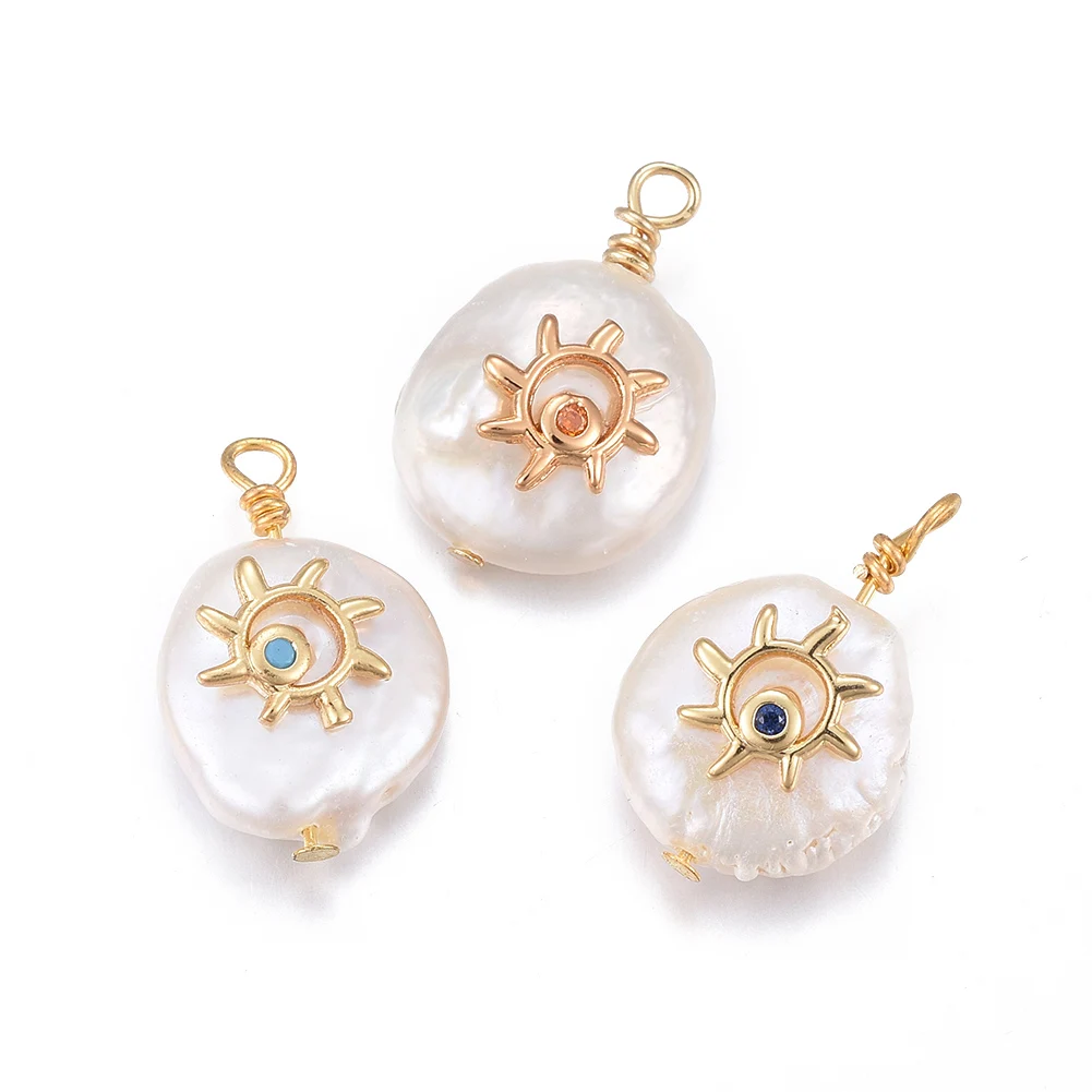 10pcs Natural Cultured Freshwater Pearl Pendant With Brass Micro Pave Cubic Zirconia Findings Nugget With Sun For Jewelry Making