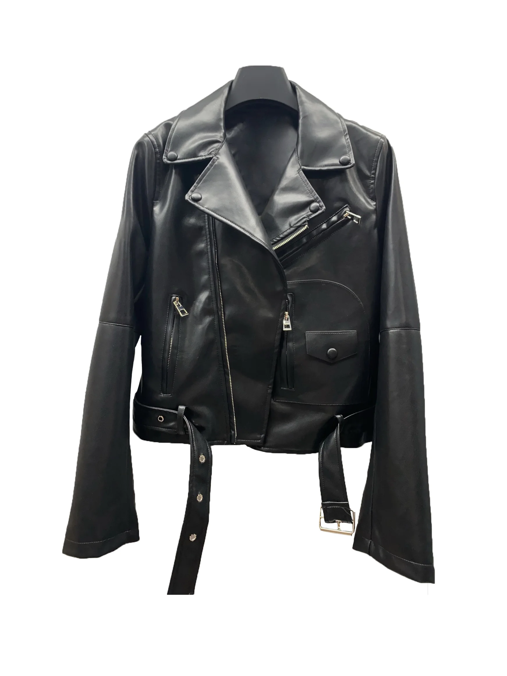 

Leather jacket lapel short sheepskin fabric loose fit solid colour zip design warm and comfortable 2023 winter new 1227
