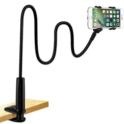 Flexible Gooseneck Phone Holder Clamp Stand for Bed or Desk, 360° Adjustable Mobile Clip (Black)