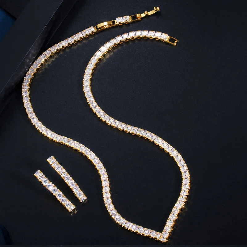 CWWZircons Cubic Zirconia Pave Yellow Gold Color Women Party Choker Necklace and Earring Brides Jewelry Set T421 Bridal Jewelry Sets Crystal Jewelry Sets Earring Ring Sets